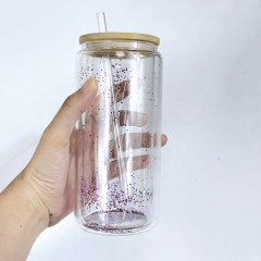 12oz snow globe pre-drilled can glass with bamboo lid and plastic straw-25pcs